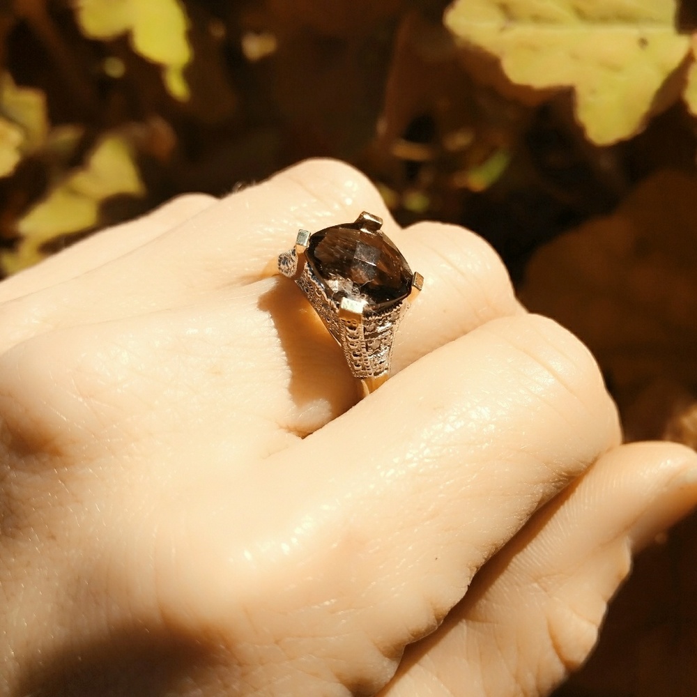 Vintage 14K Gold & Smoky Topaz Ring with Diamond Accents - 8.25
